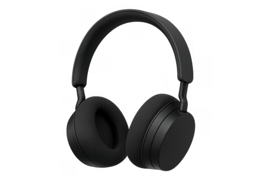 Black wireless over–ear headphones offering personal audio experience, listening to music or podcasts, with a transparent background