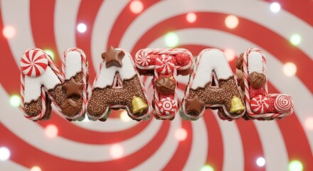 Letreiro 3D “Natal” feito de doces e bastões de açúcar