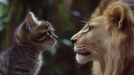 Fototapeta premium Kitten and lion face each other against a natural backdrop. Concept of innocence meeting strength. For illustrating contrast or harmony in nature.