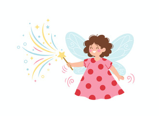 Naklejka premium A cheerful girl in a pixie or fairy outfit, complete with decorative wings and a magic wand, illustrated in flat vector style; a cute young girl in festive clothing, standing alone, ready for a