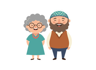 Fototapeta premium Portrait of an elderly couple: a cheerful married senior man and woman smiling, a mature family of retired spouses and grandparents in retirement, rendered as a flat vector illustration on a white