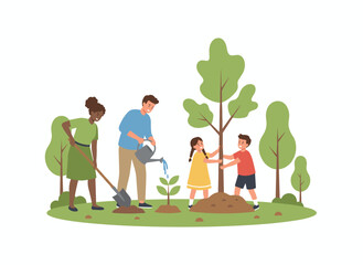 Fototapeta premium A grandmother and her grandchildren cultivate a garden, promoting ecological awareness and environmental aid; the family digs, plants, waters, and enjoys outdoor time, depicted in a flat vector