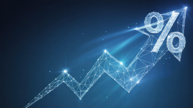 Abstract digital arrow up and percent polygonal symbols on technology blue background. The growth arrow consists of polygons, lines, and connected dots