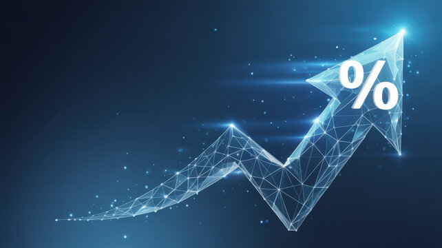 Abstract digital arrow up and percent polygonal symbols on technology blue background. The growth arrow consists of polygons, lines, and connected dots