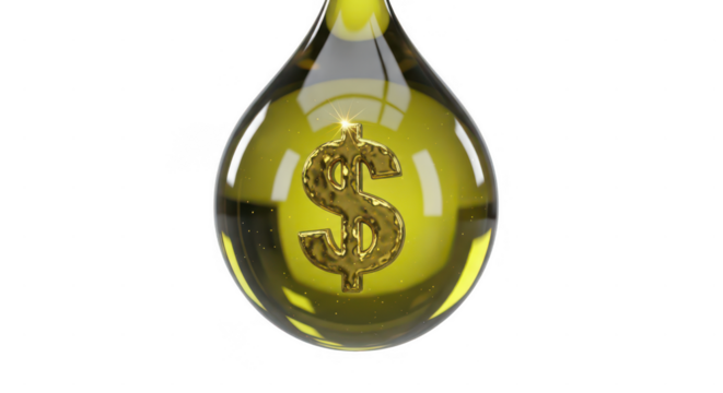Golden dollar sign encased in a luminous liquid drop, symbolizing valuable investments, liquid assets, finance, and wealth creation. isolated on transparent background