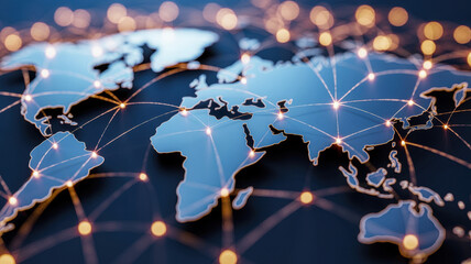 A computer generated world map with interconnected blockchain lines symbolizing the global reach and impact of this technology in protecting intellectual property.