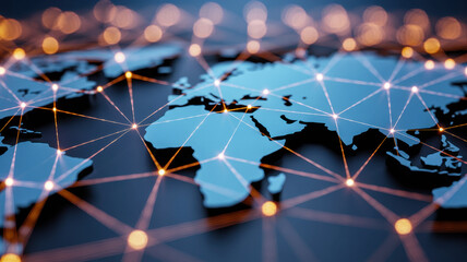 A computer generated world map with interconnected blockchain lines symbolizing the global reach and impact of this technology in protecting intellectual property.