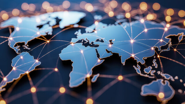 A computer generated world map with interconnected blockchain lines symbolizing the global reach and impact of this technology in protecting intellectual property.