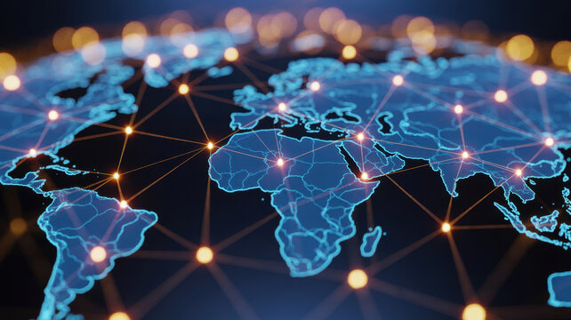 A computer generated world map with interconnected blockchain lines symbolizing the global reach and impact of this technology in protecting intellectual property.