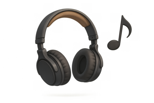 Over-ear headphones playing music with a floating black eighth note, representing sound, audio and entertainment, on a transparent background