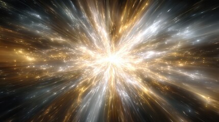 A stunning display of cosmic energy bursts forth in vibrant colors of gold, silver, and white, depicting the dynamic nature of space in an imaginative visual scene.
