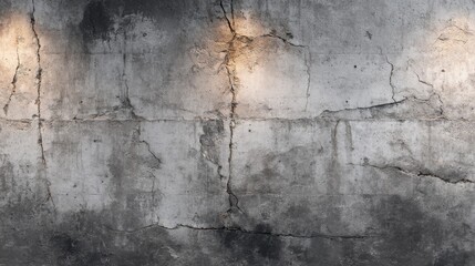 Obraz premium The scene features a rugged cracked concrete wall illuminated by warm lights, showcasing its texture and imperfections. This setting evokes an industrial vibe suitable for modern spaces.