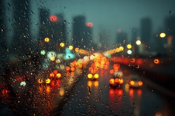 Fototapeta premium Rain-Speckled Window Overlooking Blurred City Traffic and Buildings at Dusk.