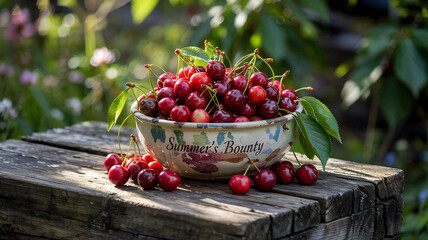 The bowl overflows with cherries