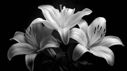 Fototapeta premium Three stunning white lilies emerge beautifully from the shadows showcasing their delicate petals.