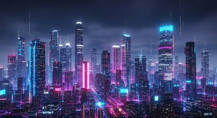  Futuristic city skyline made of RGB glitch lines and pixel distortion, neon skyscrapers glowing in cyberpunk tones