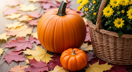 Two orange pumpkins near basket with yellow flower on table with autumn leaf, representing autumn season, harvest, and festive holiday mood
