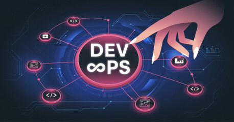 DevOps Development and Operations Integration for Efficient Delivery, projection on a virtual screen, Business and Technology Concept.
