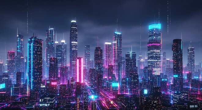 Futuristic city skyline made of RGB glitch lines and pixel distortion, neon skyscrapers glowing in cyberpunk tones