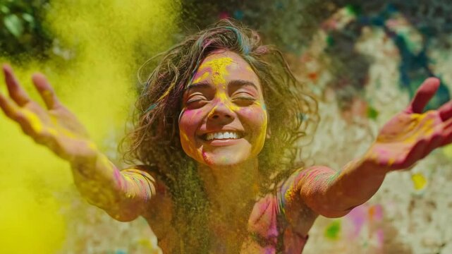 Woman with paint splattered on her joyfully celebrating Holi festival.