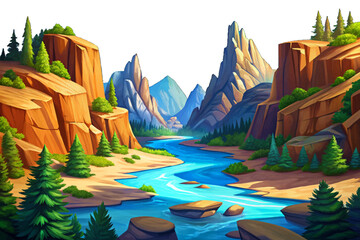 Clear blue river winding between high cliffs and pine forests, flowing through a bright rocky valley under open sky