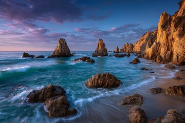 Dramatic Coastal Landscape with Rock Formations, Turquoise Waves, and Sunset Sky.