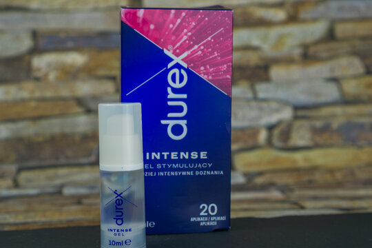 Bratislava, Slovakia, Europe - Nov 09, 2025: durex intense gel and packaging with blue and magenta accents, health and concept of adult intimacy