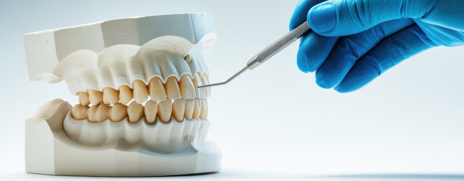 Dental technician working on plaster tooth model
