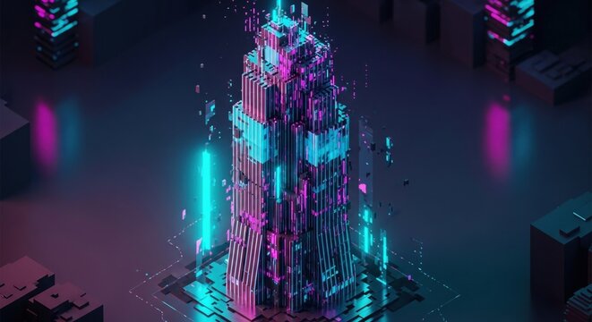 futuristic city with neon lights and geometric shapes