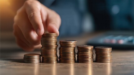 Stacking Coins on a Wooden Table While Counting Savings, With a Calculator Present