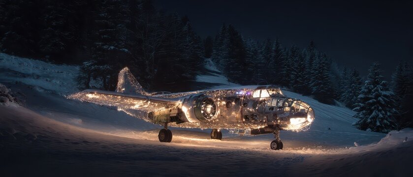 Vintage plane lit for New Year in snow