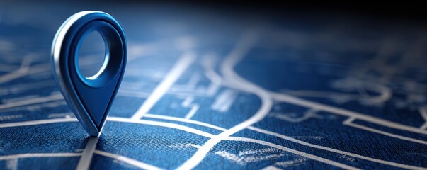 Blue location pin resting on a stylized map surface closeup.