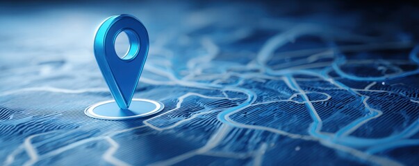 Blue location pin marker on abstract digital map surface background