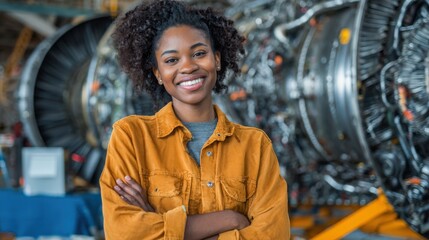 A young engineer stands proudly in a workshop showcasing her passion for aerospace technology.