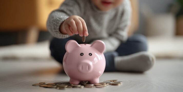 Child's hand drops coin into pink piggy bank on light floor. - Powered by Adobe