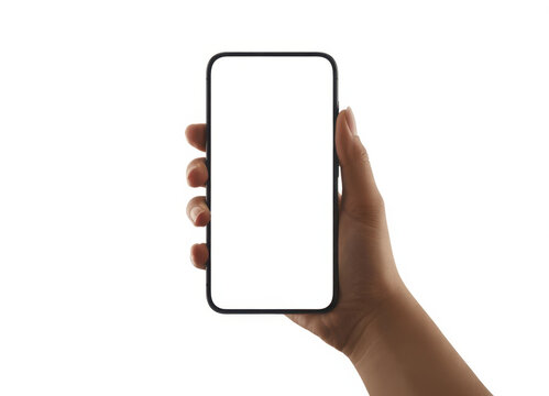 Hand holding smartphone mockup as png photo with blank screen isolated on white background. mobile phone hand mockup
