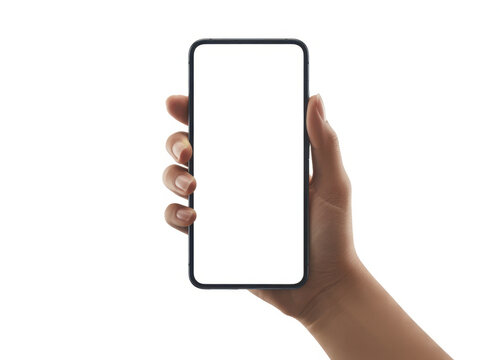 Hand holding smartphone mockup as png photo with blank screen isolated on white background. mobile phone hand mockup
