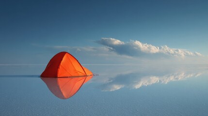 Portable Ice Fishing Tent on a Frozen Lake With a Stunning Blue Sky Reflection and Modern Minimalist Style