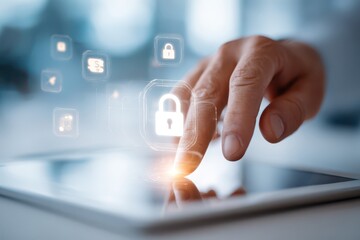 Ensuring data security: hand on tablet, showing a glowing padlock icon.