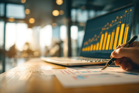 Hand examining financial charts on laptop and paper for market trends.