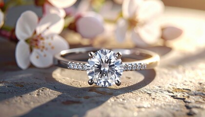 Diamond engagement ring with round solitaire on textured stone, surrounded by delicate spring flowers in soft sunlight. Nature, love, proposal, blooming, wedding, fine jewelry, romance, bright, dreamy