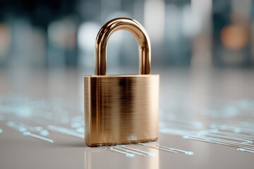A golden padlock symbolizing digital security and data protection on a circuit.