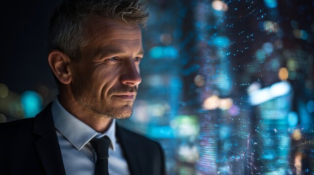 Thoughtful businessman in suit gazing out at vibrant city lights at night, contemplating future success and innovation
