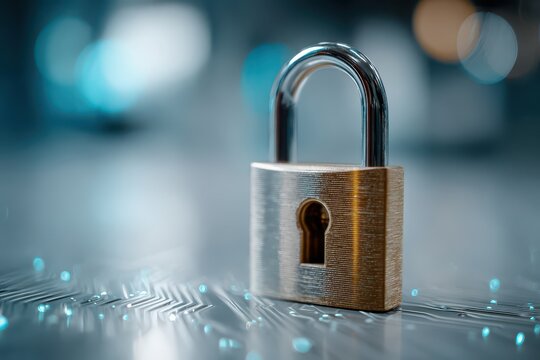 A shiny metallic padlock standing on a futuristic circuit board with glowing blue lights, symbolizing digital security and data protection. - Powered by Adobe