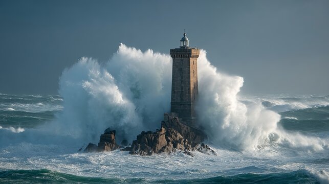 Majestic stone lighthouse bravely withstands colossal crashing waves against rugged rocky outcrop in stormy sea