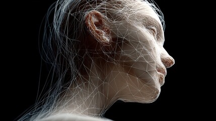 Intricate digital mesh overlaying a profile view of a human face, symbolizing AI and futuristic technology concepts.