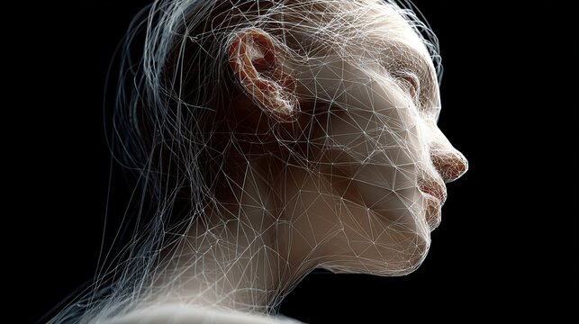Intricate digital mesh overlaying a profile view of a human face, symbolizing AI and futuristic technology concepts.