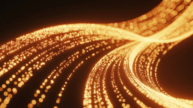 Glowing optical fibers represent digital communication and data transfer in modern networks. Hyperrealistic 3D rendering illustrating high-speed connectivity, technology, and innovation in a futuristi