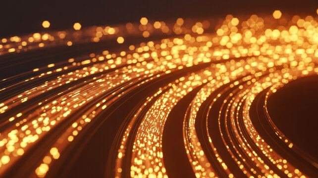 Glowing optical fibers represent digital communication and data transfer in modern networks. Hyperrealistic 3D rendering illustrating high-speed connectivity, technology, and innovation in a futuristi