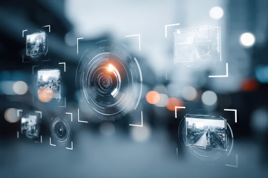 AI vision system monitoring urban data with futuristic digital interface.